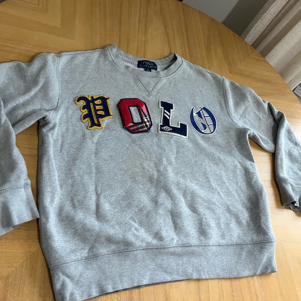 Boys (10-12) Polo by Ralph Lauren Gray Crewneck Sweater with Multicolor Logo